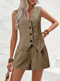 V-Neck Button Down Vest and Shorts Set - Trendsi - Flyclothing LLC