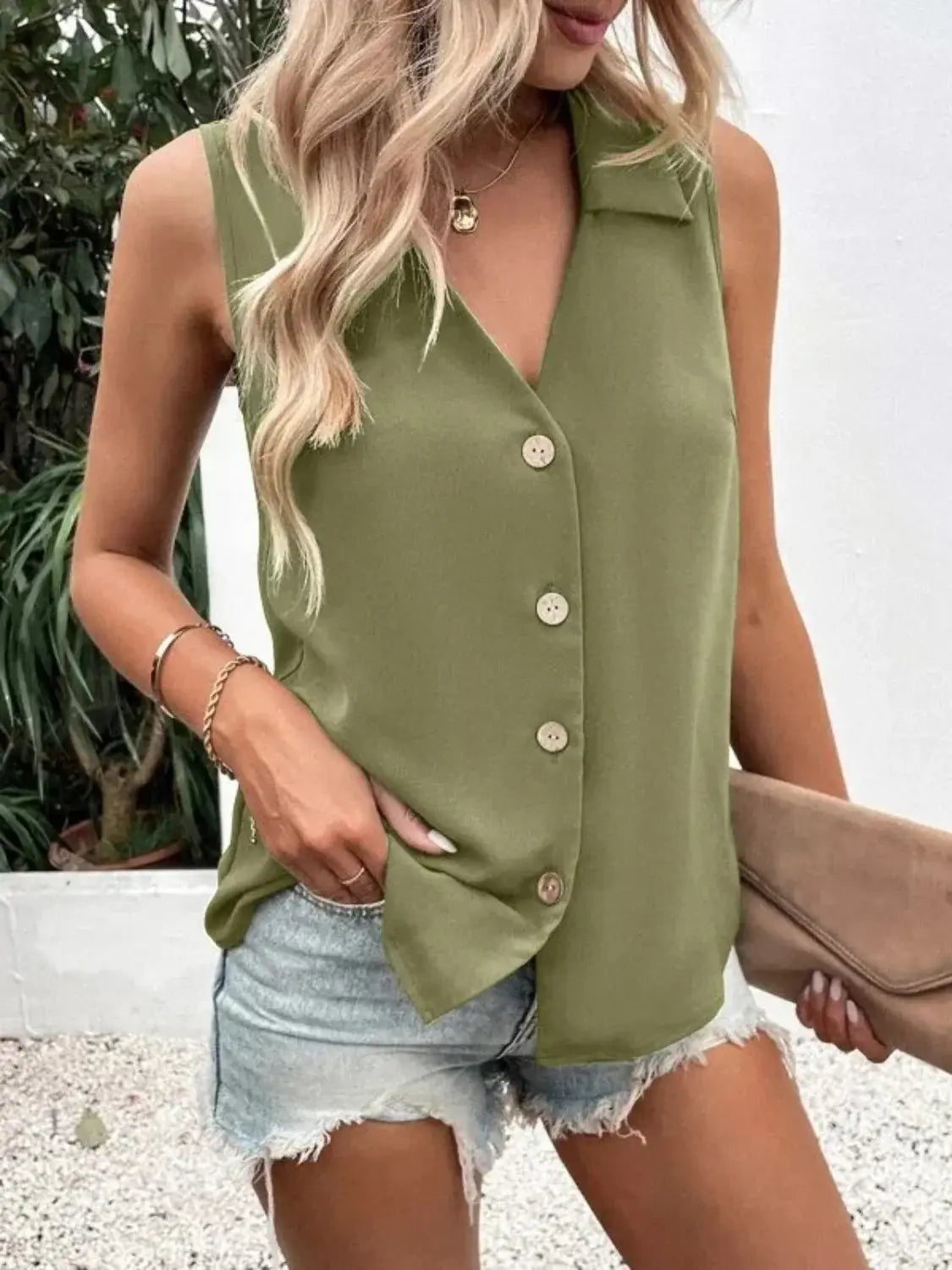 Johnny Collared Button Up Sleeveless Top - Trendsi - Flyclothing LLC