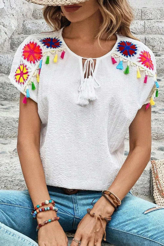 Tassel Tie Neck Short Sleeve Blouse - Trendsi - Flyclothing LLC