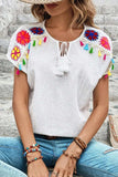 Tassel Tie Neck Short Sleeve Blouse - Trendsi - Flyclothing LLC