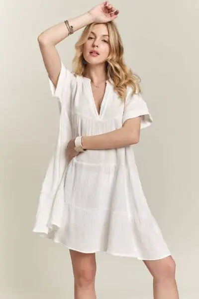 ADORA Tiered Notched Short Sleeve Dress - Trendsi - Flyclothing LLC