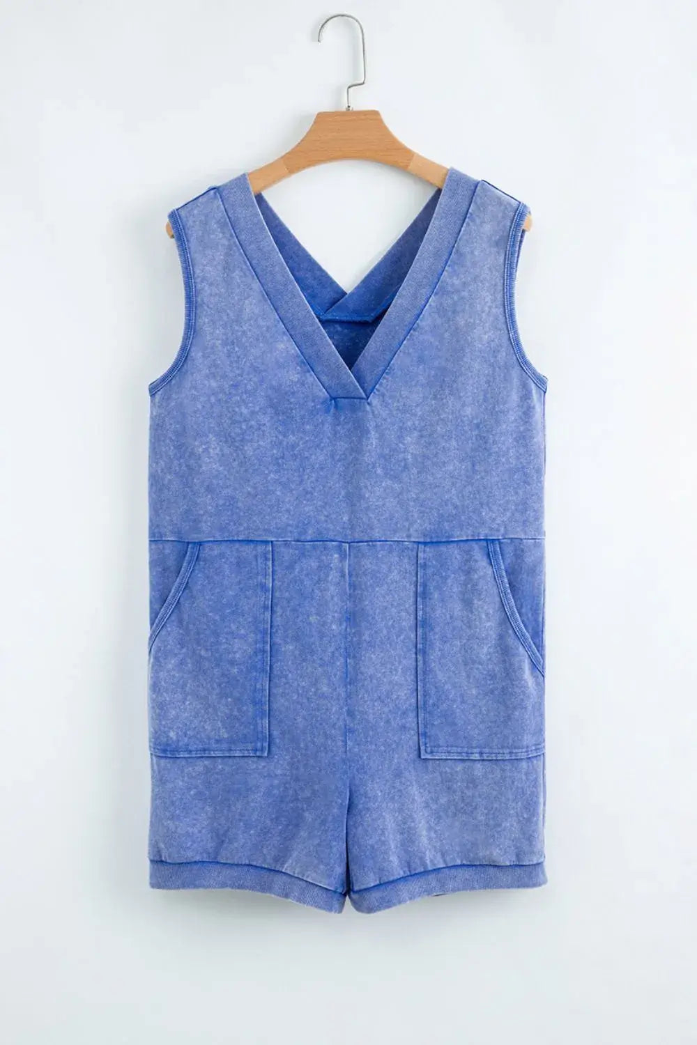 Mineral Wash Pocketed Sleeveless V Neck Loose Romper - Trendsi - Flyclothing LLC