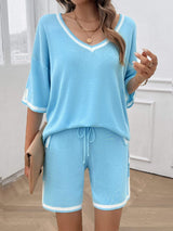 Contrast Trim V-Neck Top and Shorts Set - Trendsi - Flyclothing LLC