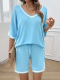 Contrast Trim V-Neck Top and Shorts Set - Trendsi - Flyclothing LLC