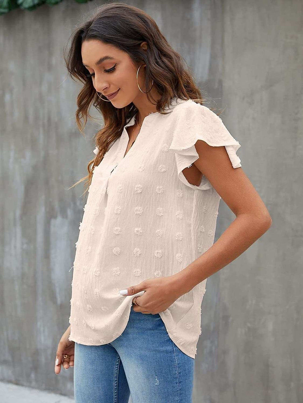 Swiss Dot Notched Flutter Sleeve Blouse - Trendsi - Flyclothing LLC