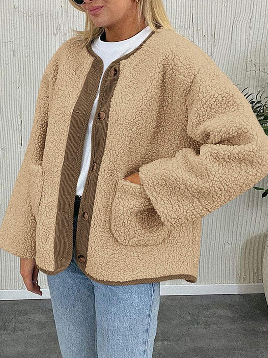 Contrast Button Up Sherpa Jacket with Pockets - Trendsi - Flyclothing LLC