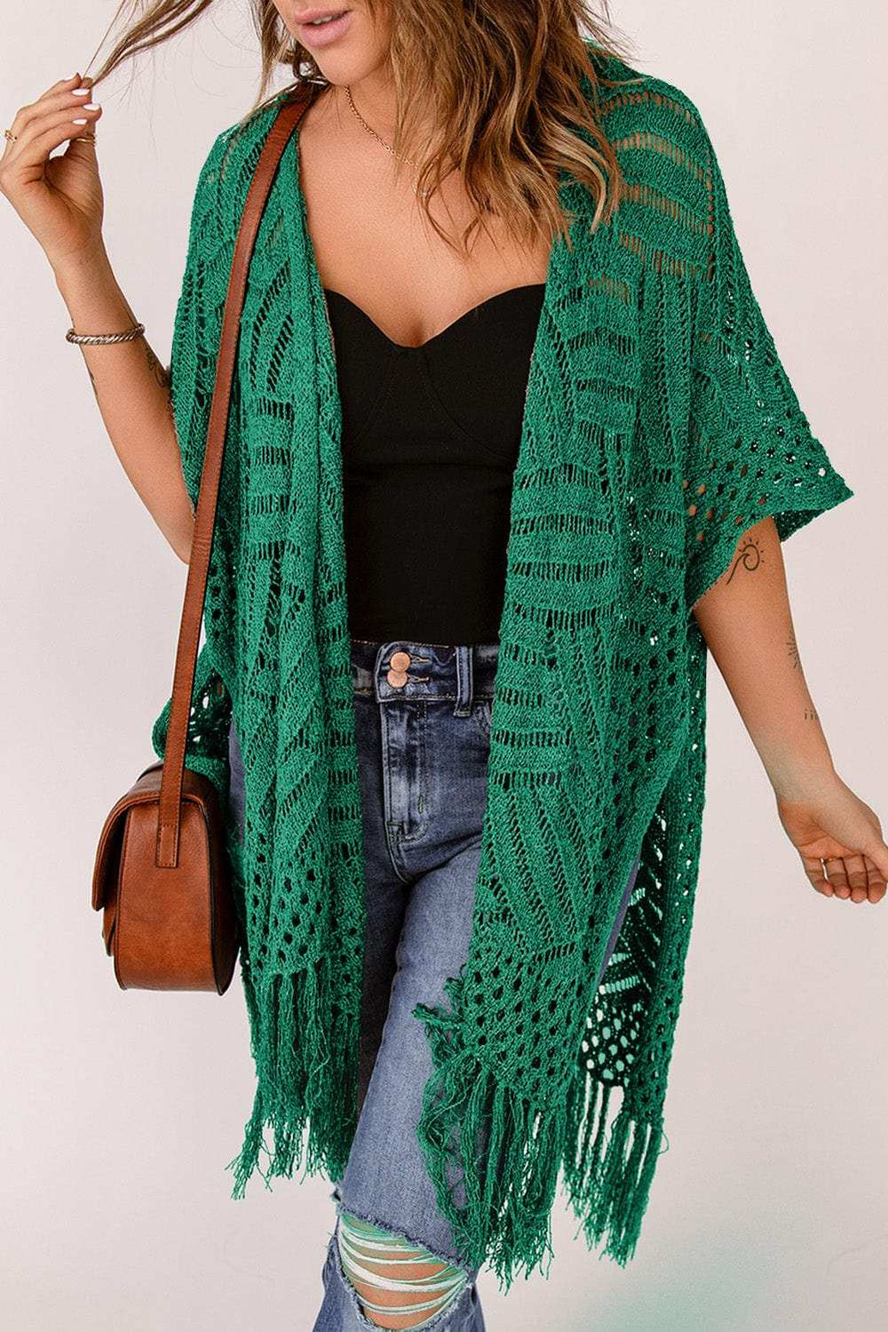 Openwork Open Front Cardigan with Fringes - Trendsi - Flyclothing LLC