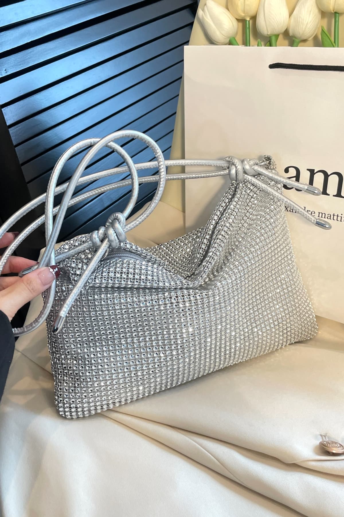 Rhinestone Knotted Strap Crossbody Bag - Trendsi