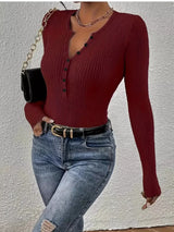 Ribbed Knit Button Front Knit Top - Trendsi - Flyclothing LLC