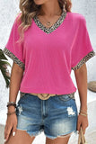 V-Neck Leopard Trim Ribbed Blouse - Trendsi - Flyclothing LLC