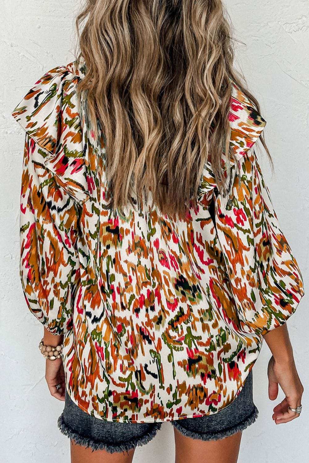 Abstract Print 3/4 Sleeve Ruffle Blouse - Trendsi - Flyclothing LLC