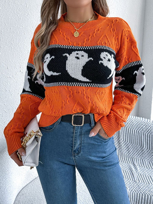 Ghost Round Neck Long Sleeve Sweater - Trendsi