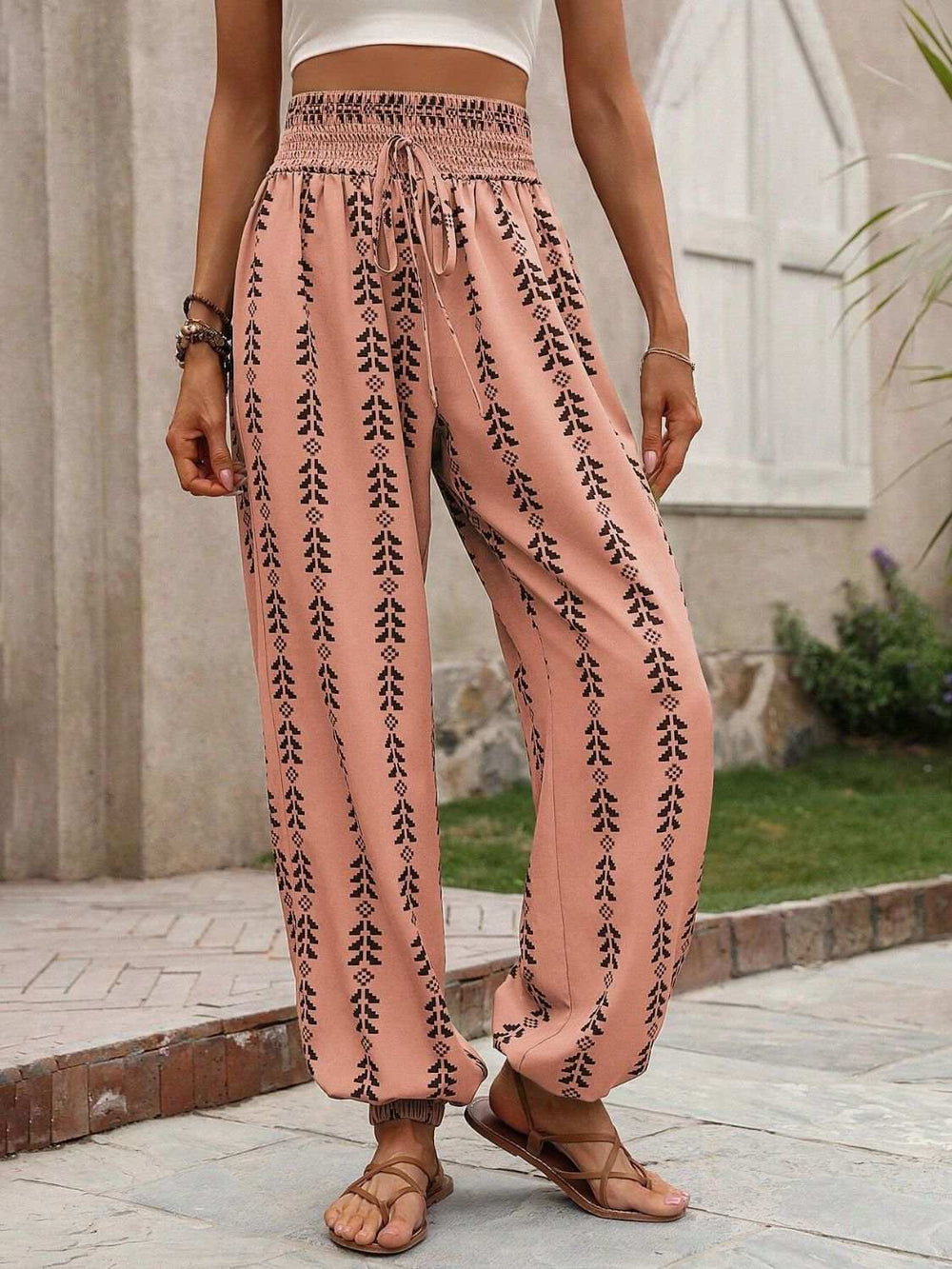 Tied Printed High Waist Pants - Trendsi - Flyclothing LLC
