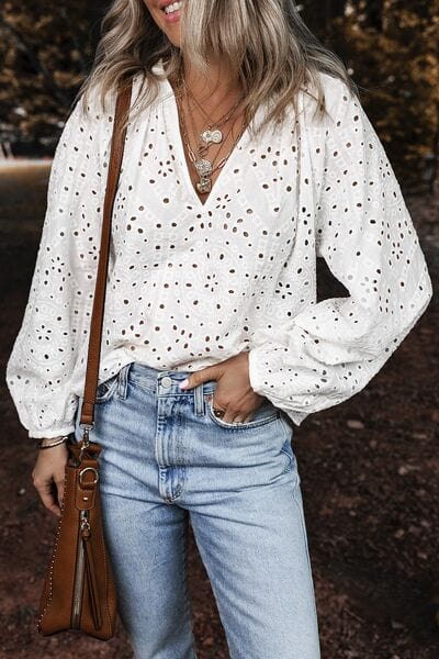 Eyelet V-Neck Long Sleeve Blouse - Trendsi