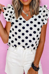 Polka Dot Ruffled Cap Sleeve V Neck Blouse - Trendsi - Flyclothing LLC