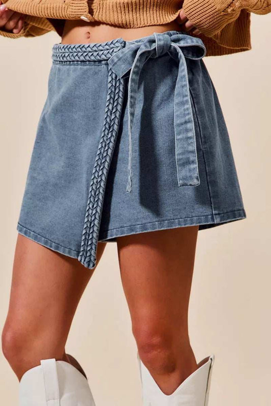 SO ME Wrap Braided Trimmed Denim Skort - Trendsi - Flyclothing LLC