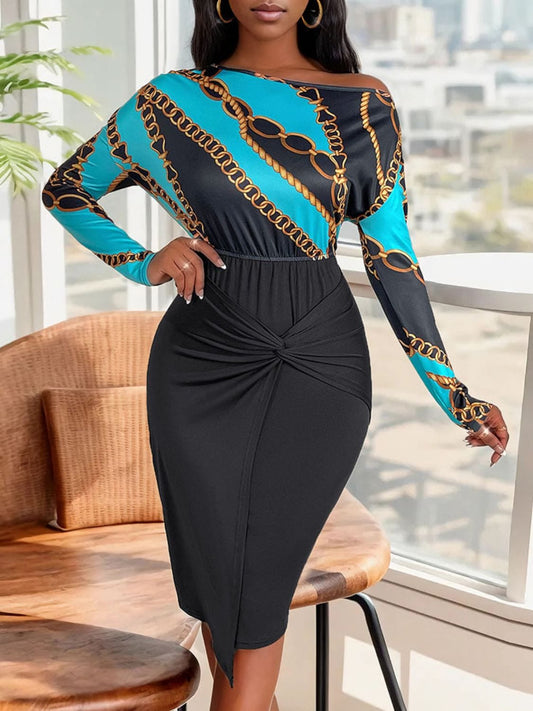 Perfee Twisted Printed Long Sleeve Dress - Trendsi