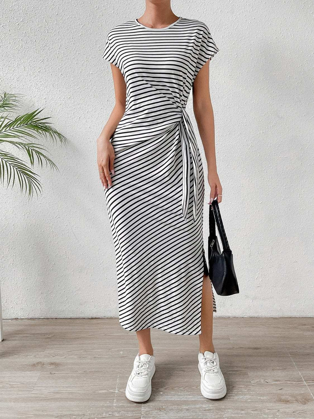Tied Striped Round Neck Short Sleeve Tee Dress - Trendsi - Flyclothing LLC