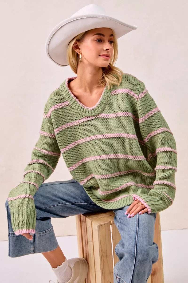 BiBi Striped Long Sleeve Sweater - Trendsi - Flyclothing LLC