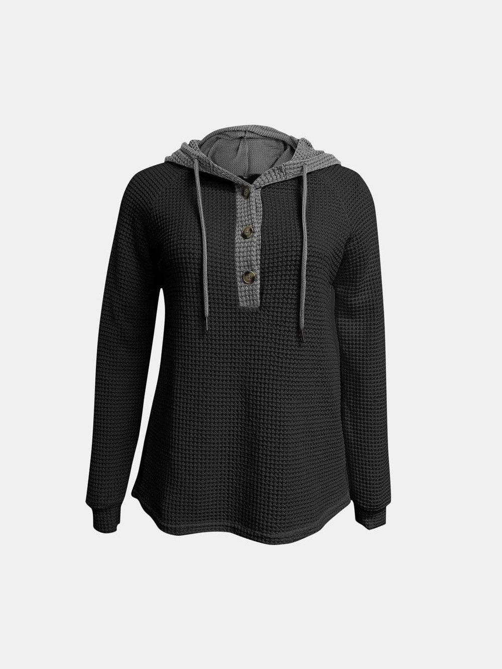 Full Size Waffle-Knit Contrast Long Sleeve Hoodie - Trendsi - Flyclothing LLC