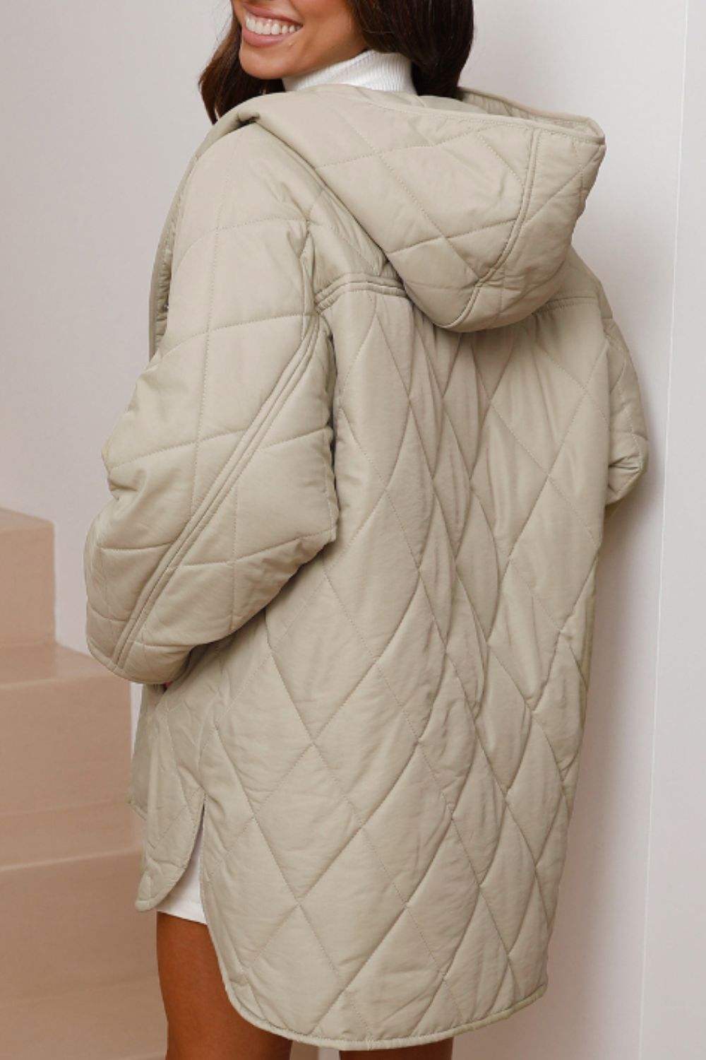 Snap Down Long Sleeve Quilted Winter Coat - Trendsi - Flyclothing LLC