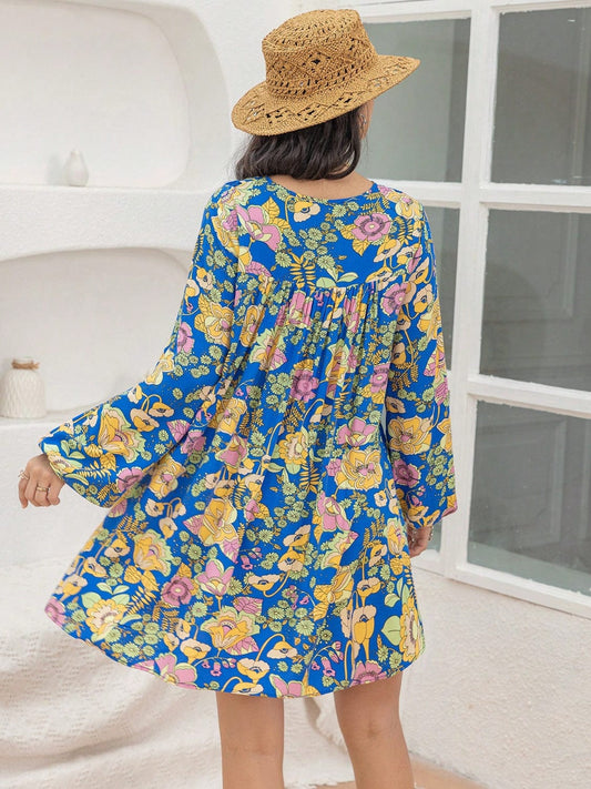 Printed V-Neck Balloon Sleeve Mini Dress - Trendsi