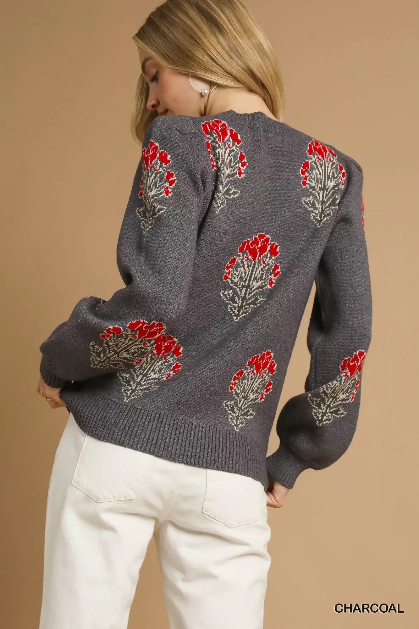 Umgee Single Flower Stem Jacquard Sweater - Trendsi - Flyclothing LLC