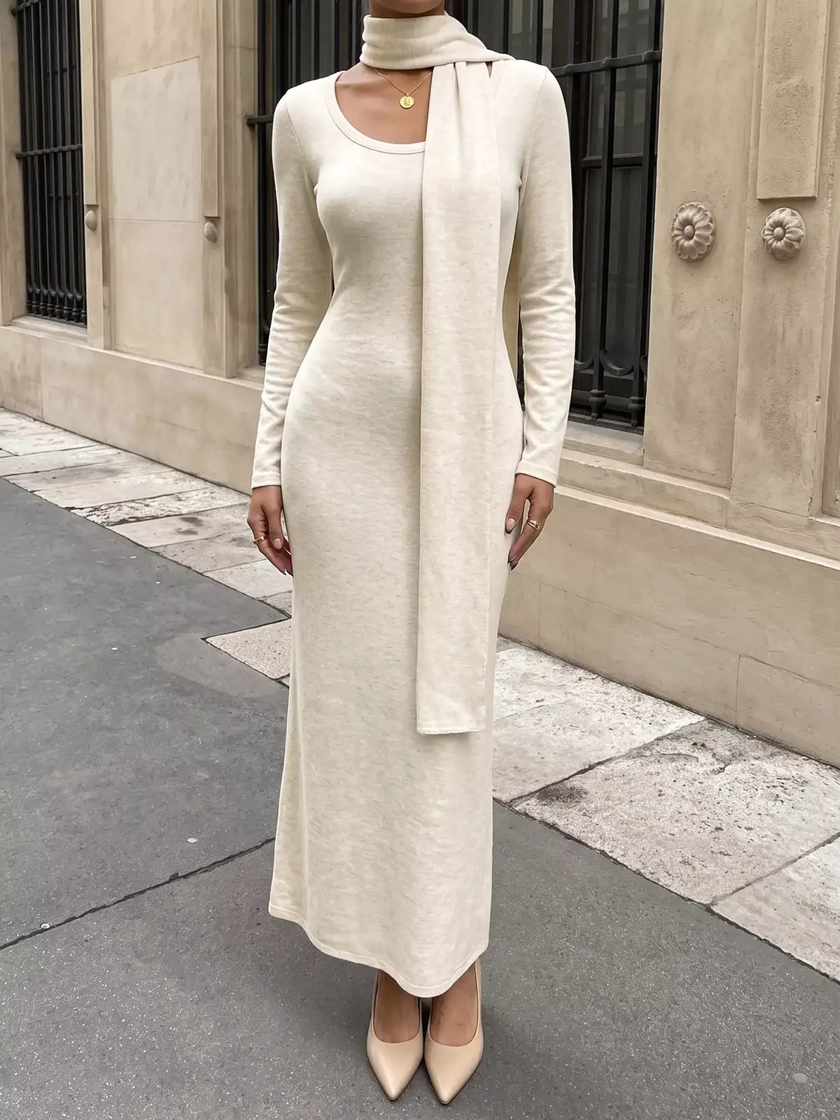 Round Neck Maxi Knit Dress with Matching Scarf - Trendsi - Flyclothing LLC