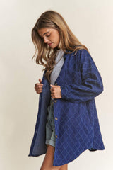 J.NNA Rhombus Stitched Button Up Denim Shacket - Trendsi - Flyclothing LLC