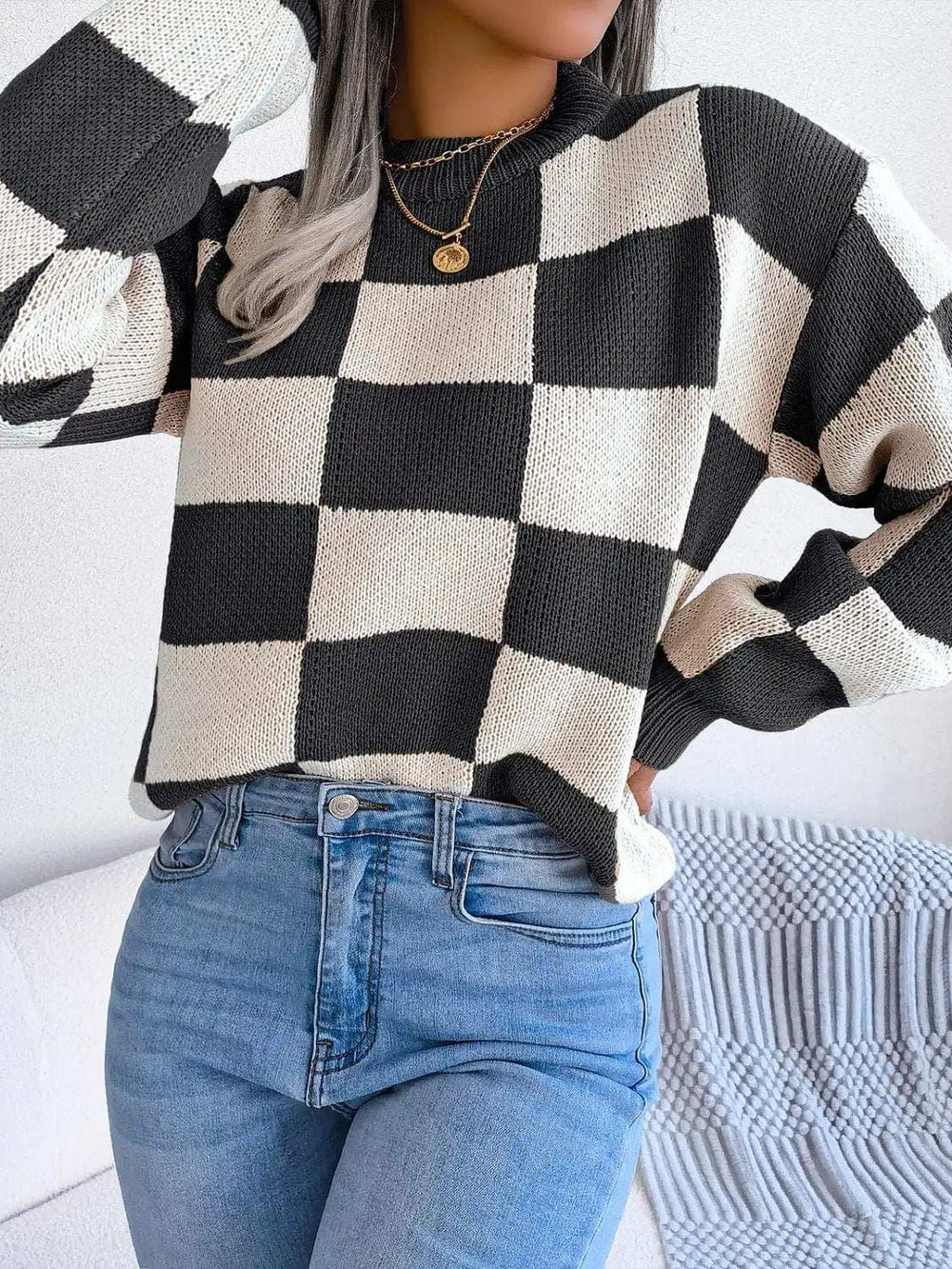 Checkered Mock Neck Long Sleeve Sweater - Trendsi - Flyclothing LLC