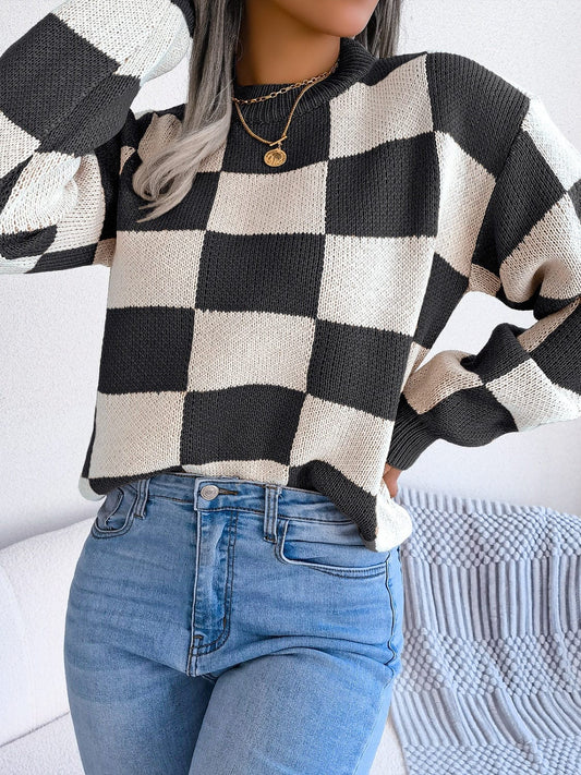 Checkered Mock Neck Long Sleeve Sweater - Trendsi