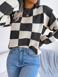 Checkered Mock Neck Long Sleeve Sweater - Trendsi