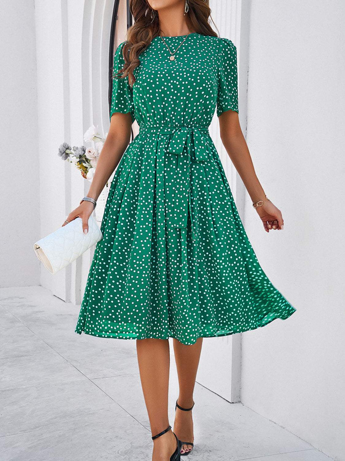 Printed Round Neck Short Sleeve Dress - Trendsi - Flyclothing LLC