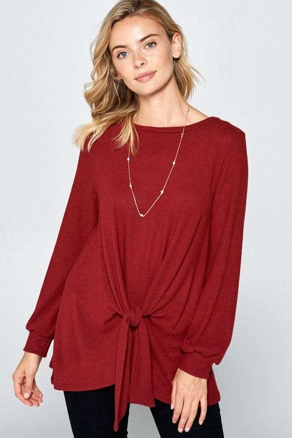 Super Lady Full Size Round Neck Knot Front Hacci Blouse - Trendsi - Flyclothing LLC