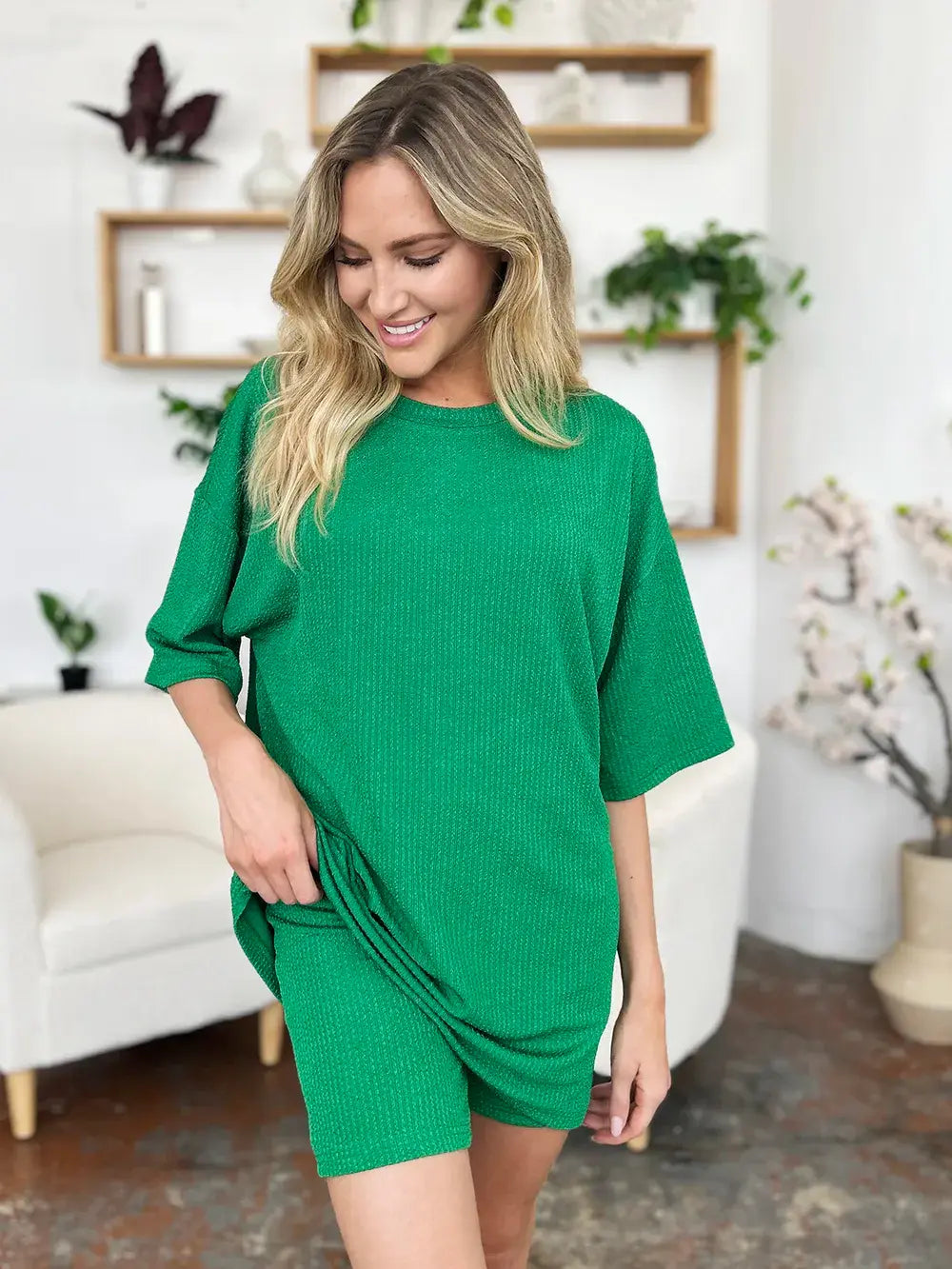 Double Take Full Size Texture Round Neck Drop Shoulder T-Shirt and Shorts Set - Trendsi - Flyclothing LLC