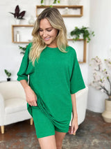 Double Take Full Size Texture Round Neck Drop Shoulder T-Shirt and Shorts Set - Trendsi - Flyclothing LLC