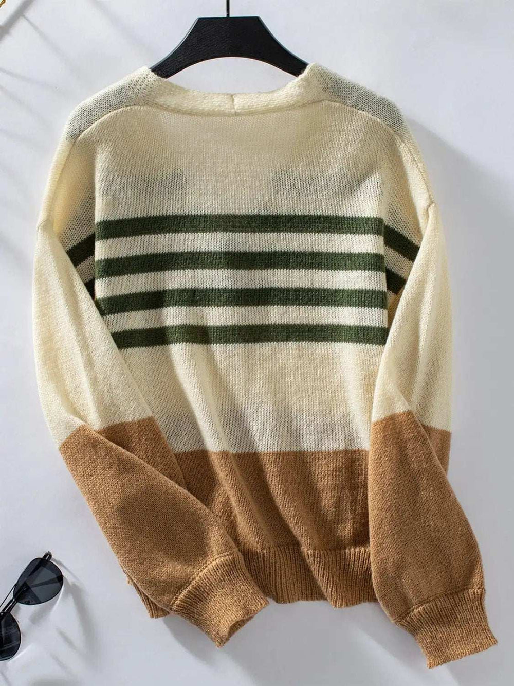 Color Block V-Neck Button Down Long Sleeve Cardigan - Trendsi - Flyclothing LLC