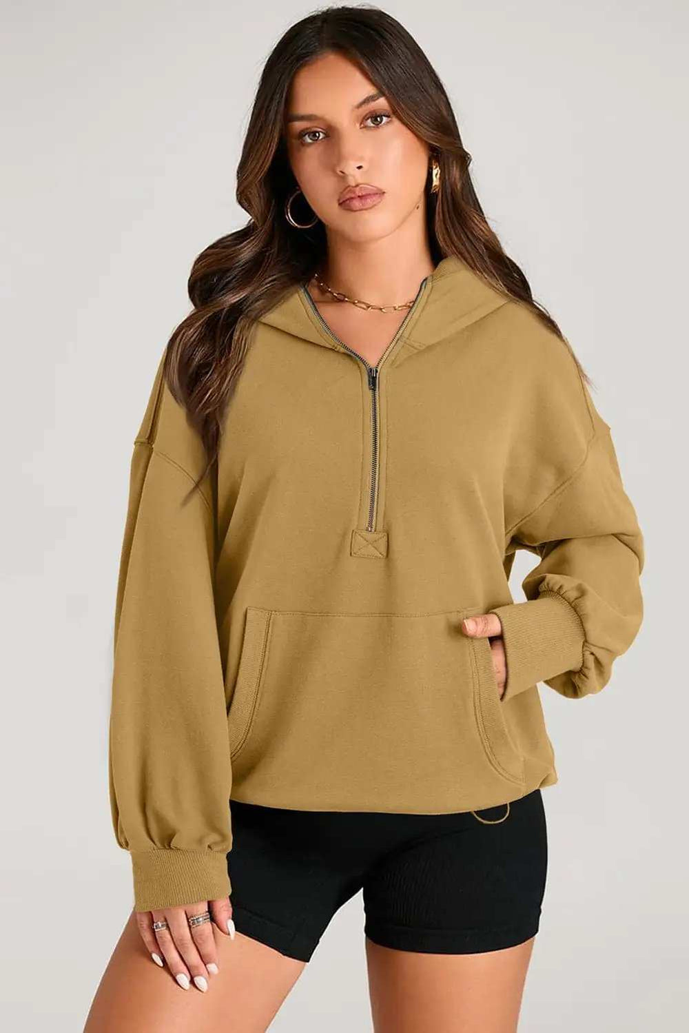 Pocketed Half Zip Long Sleeve Hoodie - Trendsi - Flyclothing LLC