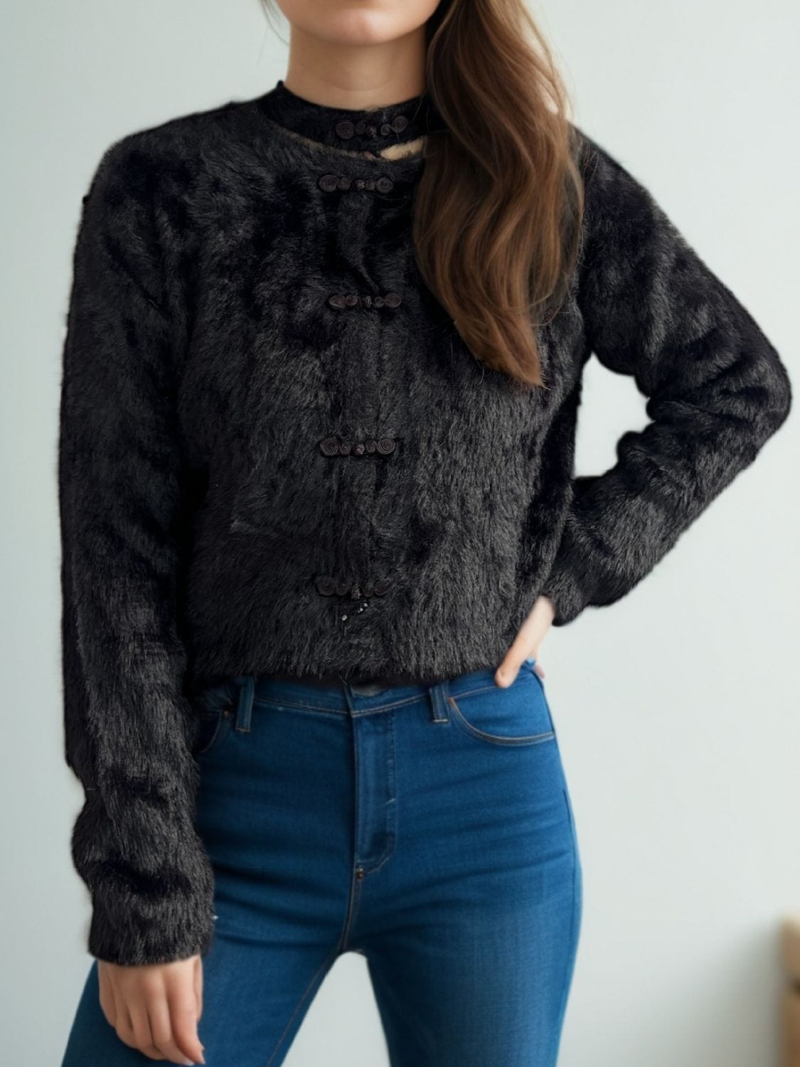 Cutout Knot Button Long Sleeve Cardigan - Trendsi