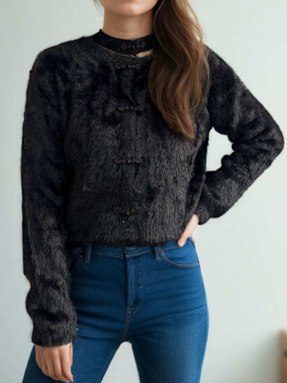 Cutout Knot Button Long Sleeve Cardigan - Trendsi - Flyclothing LLC