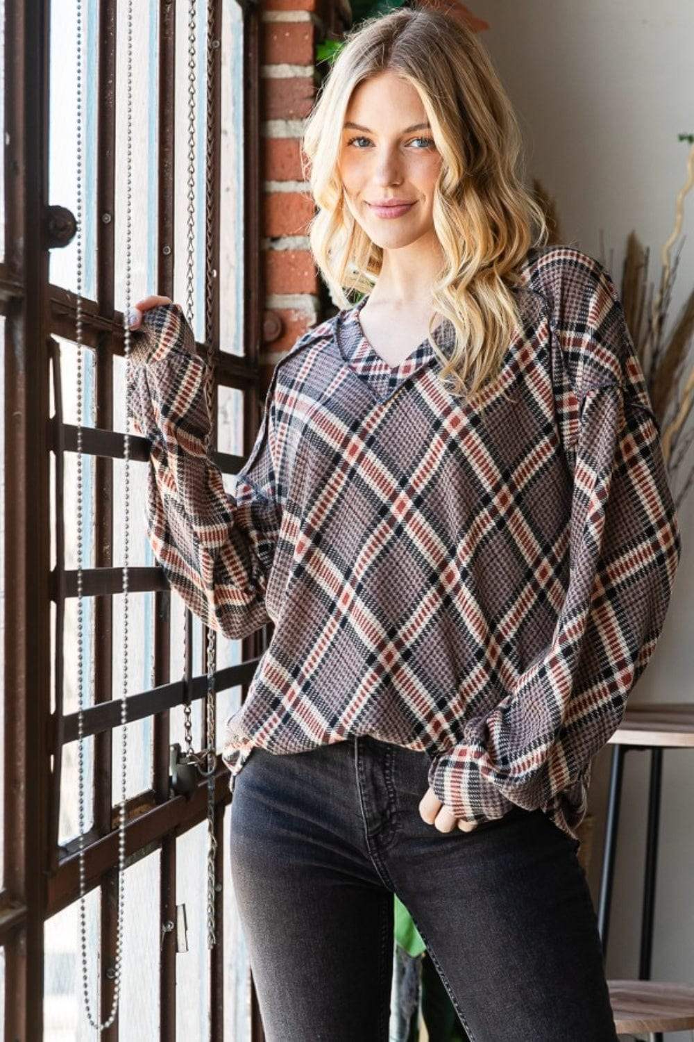 Heimish Plaid Exposed Seam V-Neck T-Shirt - Trendsi - Flyclothing LLC