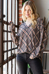 Heimish Plaid Exposed Seam V-Neck T-Shirt - Trendsi - Flyclothing LLC