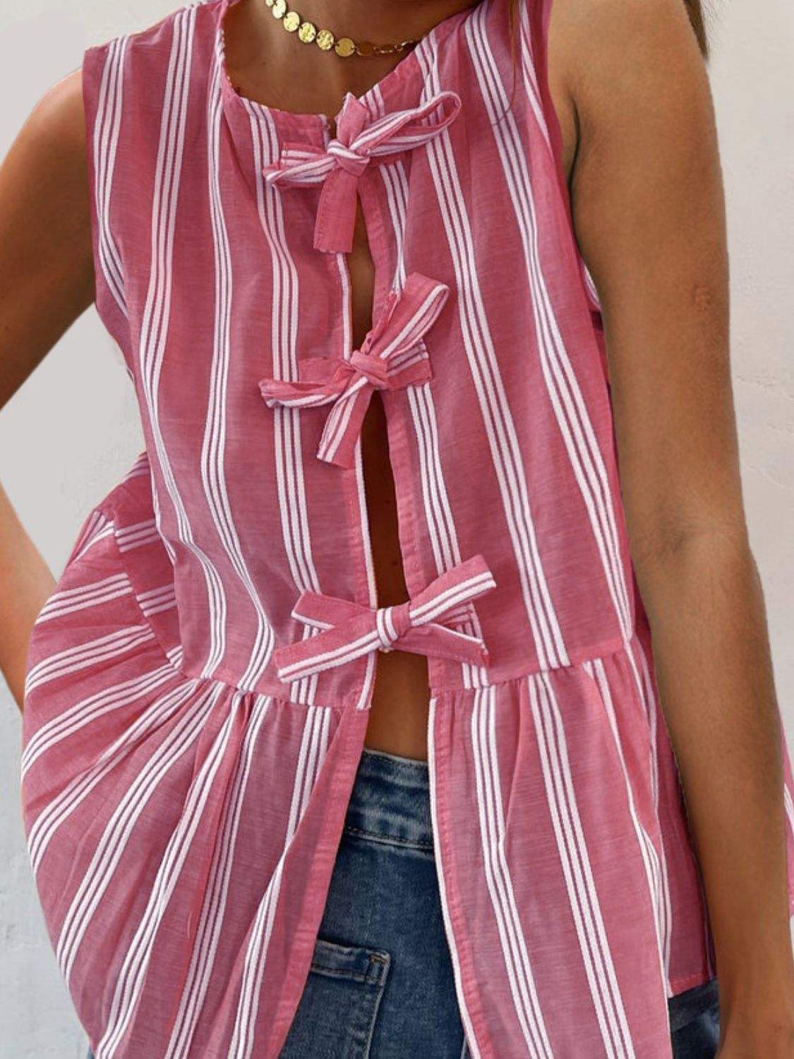 Tied Striped Round Neck Tank - Trendsi - Flyclothing LLC