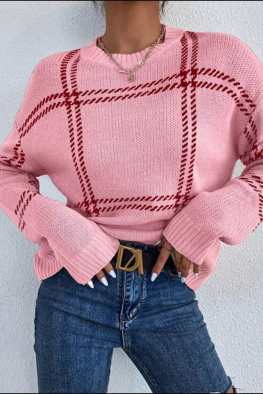 Contrast Round Neck Long Sleeve Sweater - Trendsi
