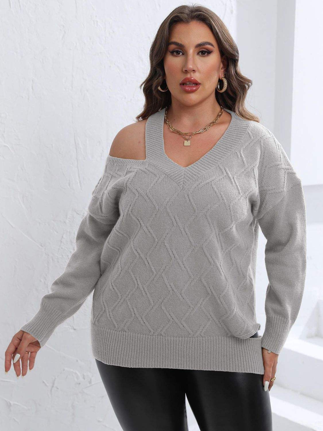 Plus Size Cutout V-Neck Sweater - Trendsi - Flyclothing LLC
