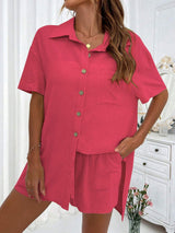 Button Up Half Sleeve Top and Shorts Set - Trendsi - Flyclothing LLC
