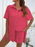Button Up Half Sleeve Top and Shorts Set - Trendsi - Flyclothing LLC