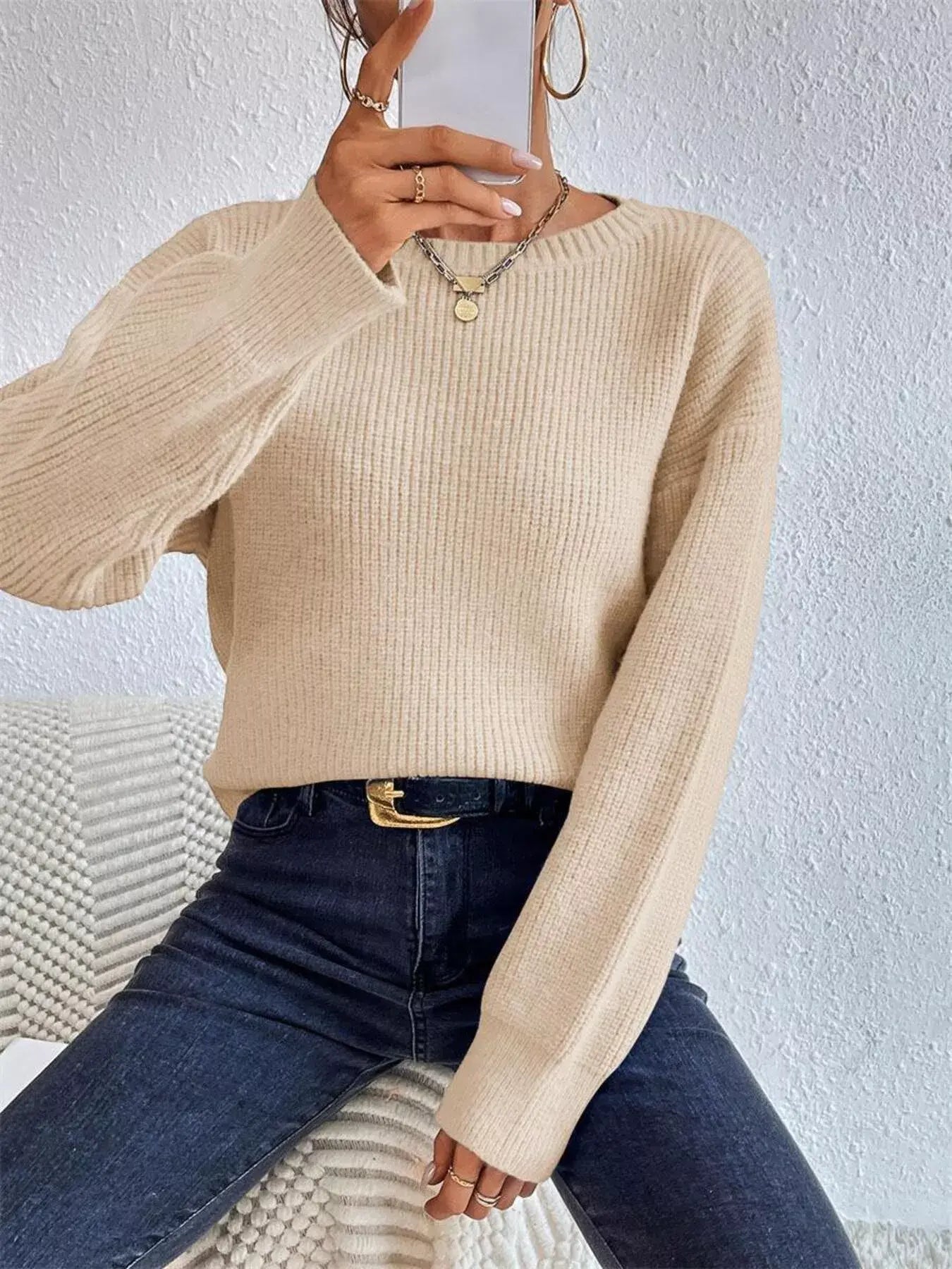 Ribbed Knit Dropped Shoulder Sweater - Trendsi - Flyclothing LLC