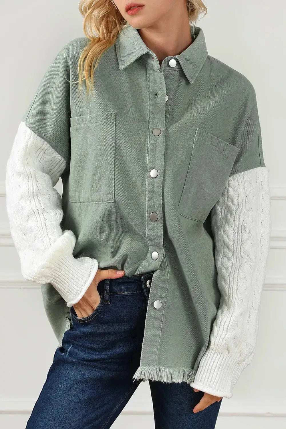 Raw Hem Collared Neck Button Up Long Sleeve Jacket - Trendsi - Flyclothing LLC
