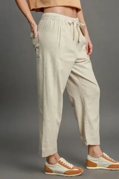 Umgee Full Size Drawstring Elastic Waistband Linen Blend Pants Plus Size - Trendsi - Flyclothing LLC